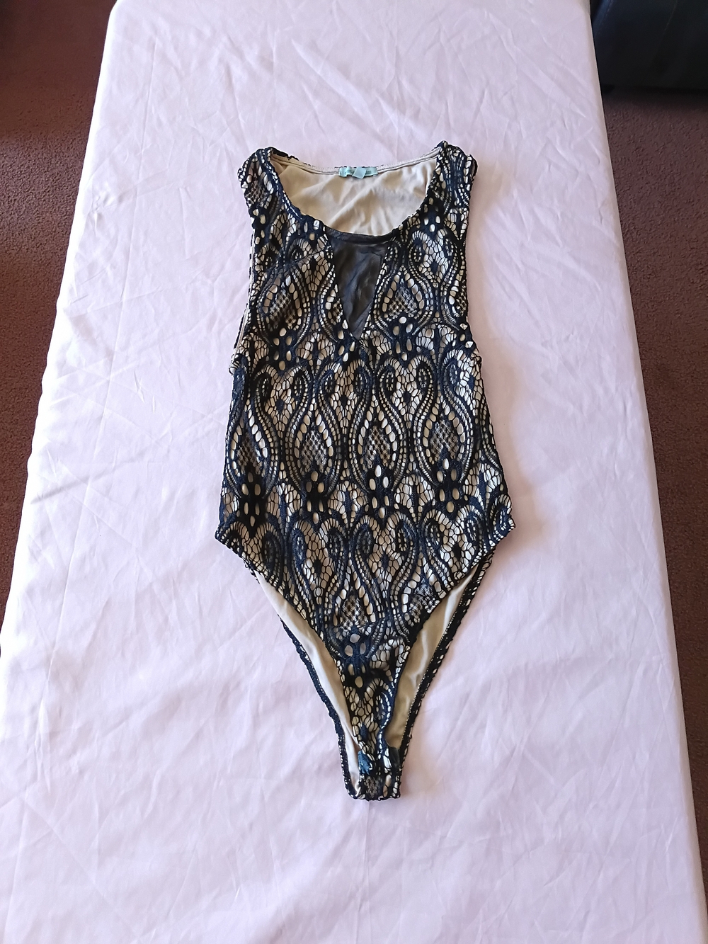 Charlotte Russe Black Lace-Overlay Bodysuit with Cream Lining XS